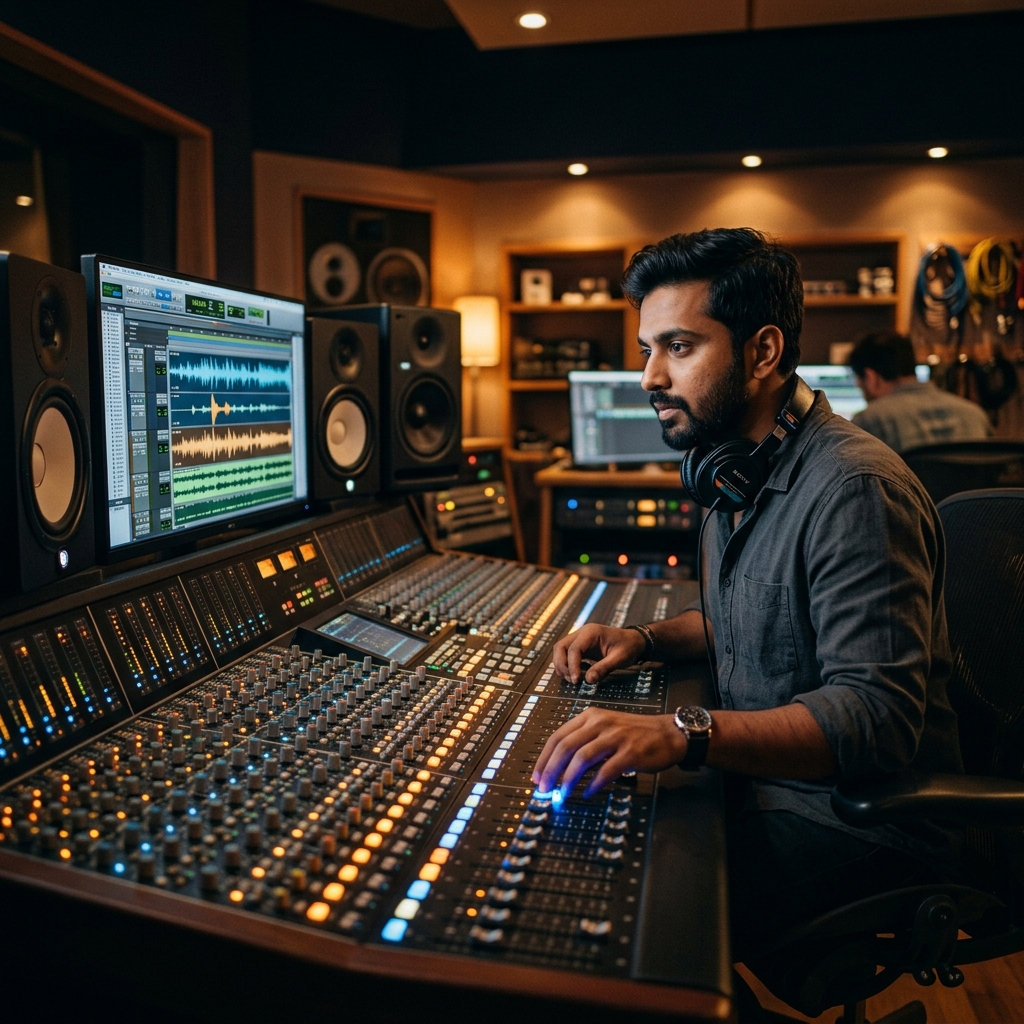 Audio production desk for song composing and sound editing at WWAMMA studio